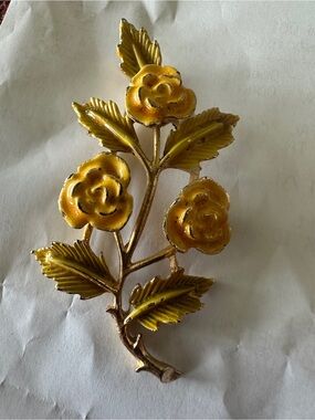 Yellow Enamel Three-Rose Floral Brooch